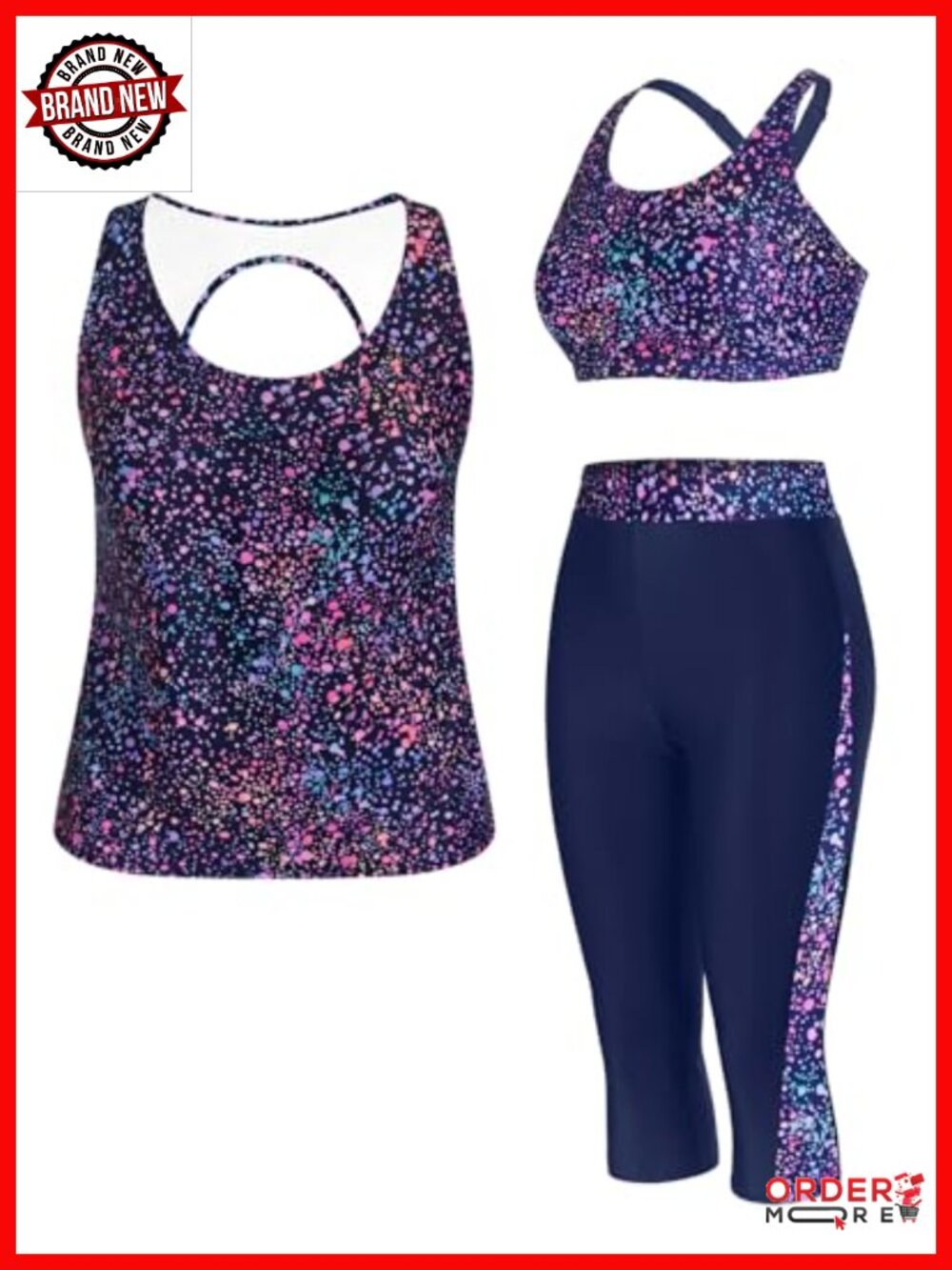 Plus Size 3 Piece Tankini Set with Sports Bra and Swim Capris